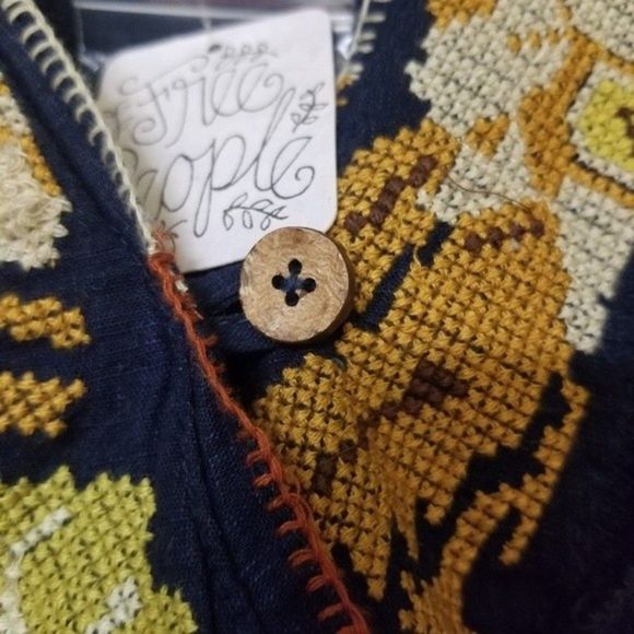 New Free People Rose Red Linen Blend Embroidered Blue - Picture 5 of 16